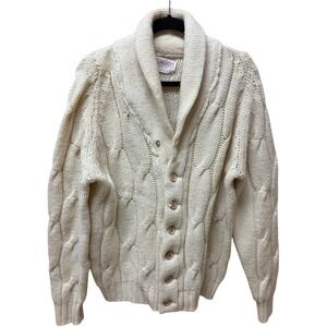Vintage Lord Jeff cable-knit shawl-collar cardigan.Cream/light yellow. Men.Sz L